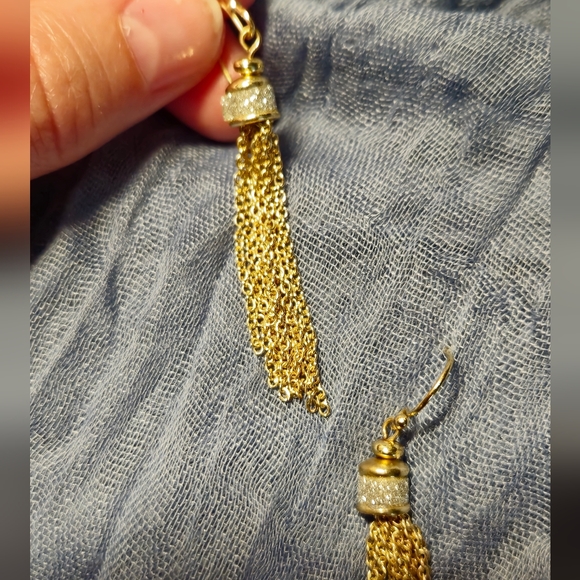 Trendy gold tone dangle chain earrings with band of sparkles at top - Picture 3 of 4